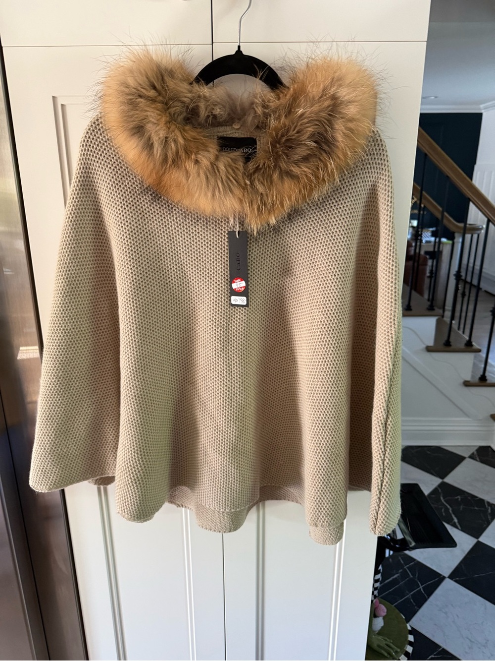 Dolce Cabo Beige Knit Poncho with Faux Fur Collar